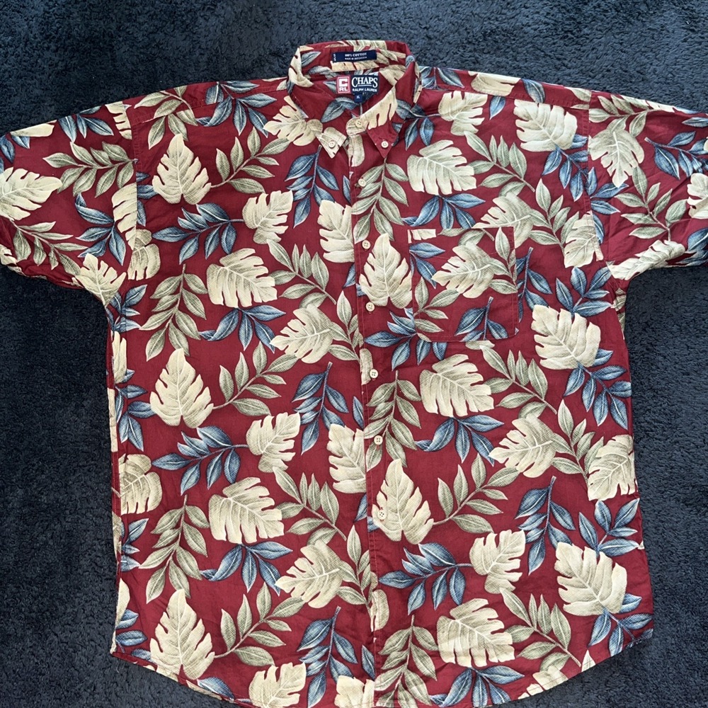 VTG 90s Chaps Ralph Lauren Hawaiian Shirt Mens XL Red Palm Aloha Cotton